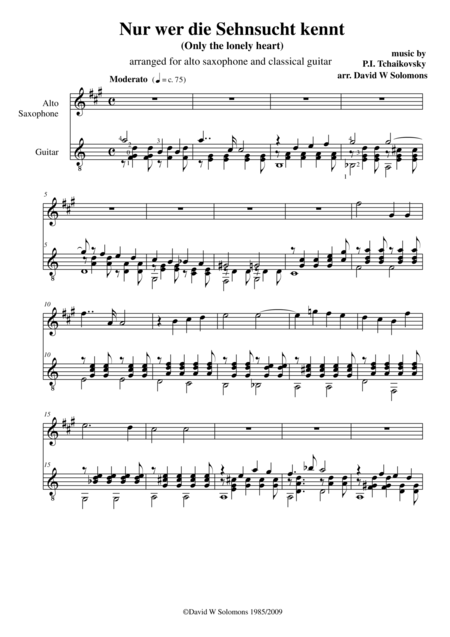 Nur Wer Die Sehnsucht Kennt Only The Lonely Heart For Alto Saxophone And Guitar Sheet Music