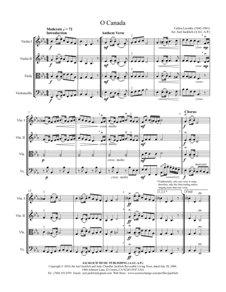 O Canada String Quartet Sheet Music