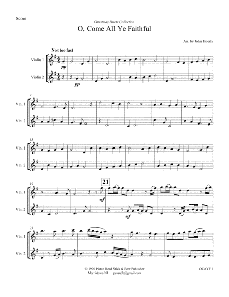 Free Sheet Music O Come All Ye Faithful Duet Violin And Violin