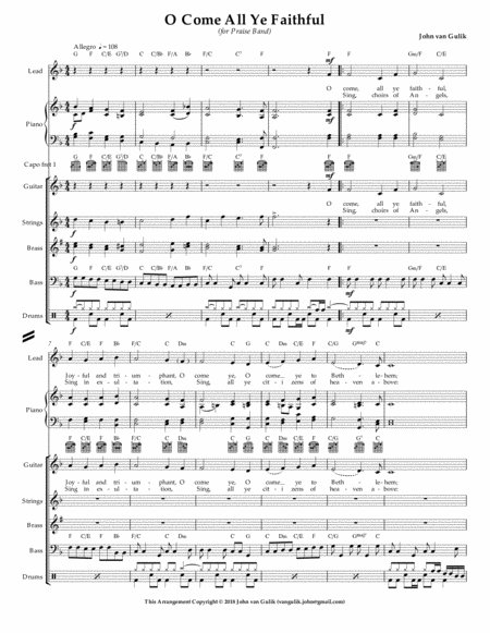 O Come All Ye Faithful For Worship Band All Parts For Lead Piano Guitar 2 Part Brass Strings Bass Drums Sheet Music