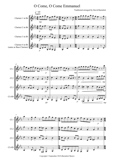 O Come O Come Emmanuel For Clarinet Quartet Sheet Music