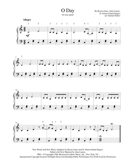 O Day Yonder Come Day For Easy Piano Sheet Music