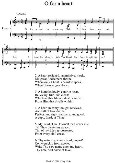 O For A Heart To Praise My God A New Tune To A Wonderful Wesley Hymn Sheet Music