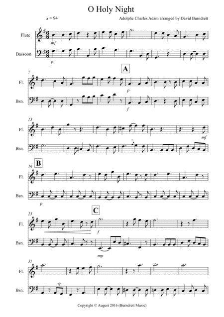 Free Sheet Music O Holy Night For Flute And Bassoon Duet