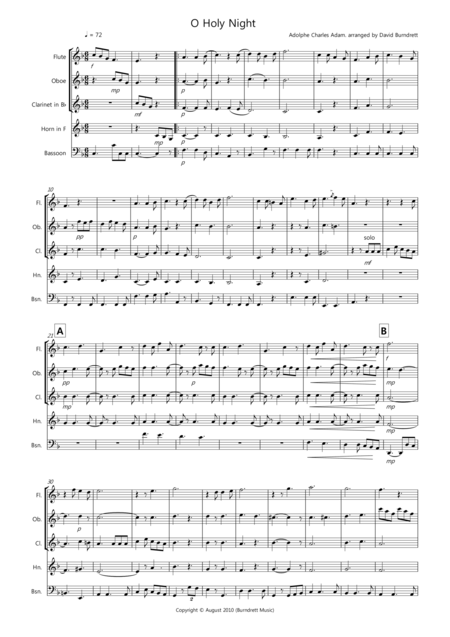 O Holy Night For Wind Quintet Sheet Music