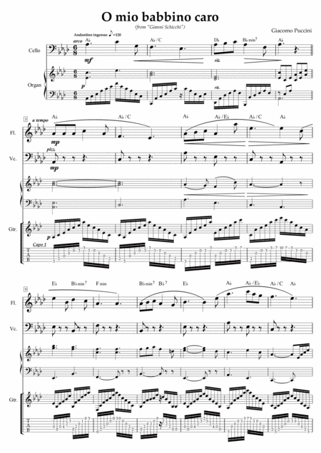 O Mio Babbino Caro Arranged For Flute Cello Keyboard And Guitar Sheet Music