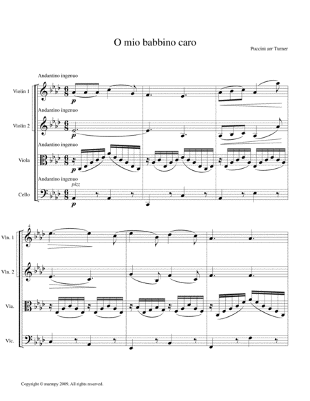 O Mio Babbino Caro By Puccini Arranged For String Quartet Sheet Music