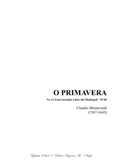 O Primavera Claudio Monteverdi For Ssatb Choir Sheet Music