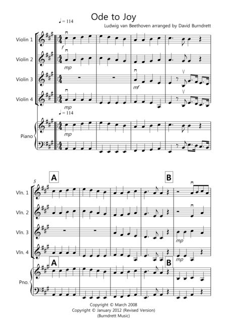 Ode To Joy For Violin Quartet Sheet Music