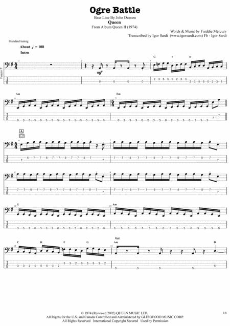 Free Sheet Music Ogre Battle Queen John Deacon Complete And Accurate Bass Transcription Whit Tab