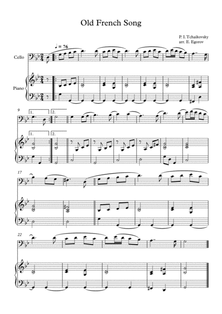 Old French Song Peter Ilyich Tchaikovsky For Cello Piano Sheet Music