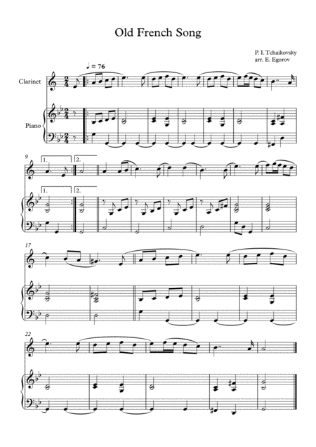 Old French Song Peter Ilyich Tchaikovsky For Clarinet Piano Sheet Music