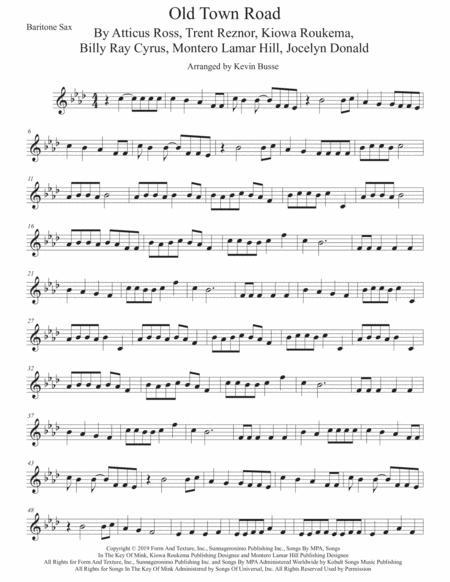 Old Town Road Bari Sax Original Key Sheet Music