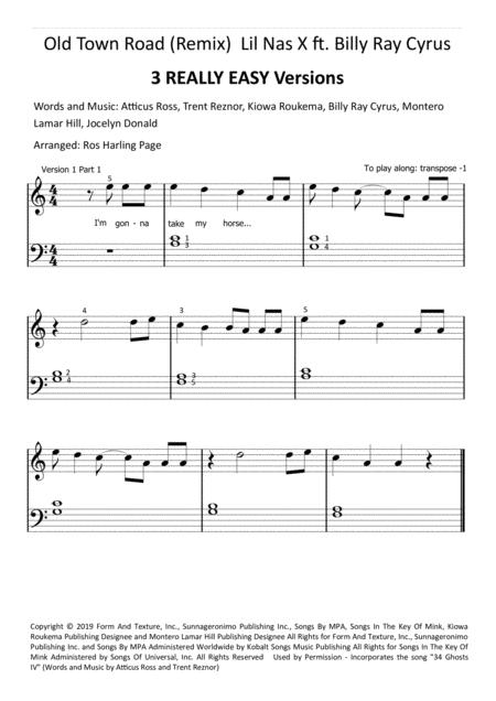 Old Town Road Remix Really Easy Piano 3 Versions Sheet Music