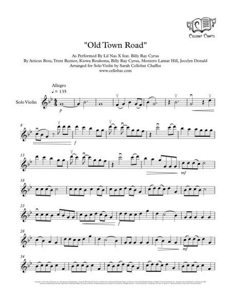 Old Town Road Solo Violin Lil Nas X Billy Ray Cyrus Arr Cellobat Sheet Music