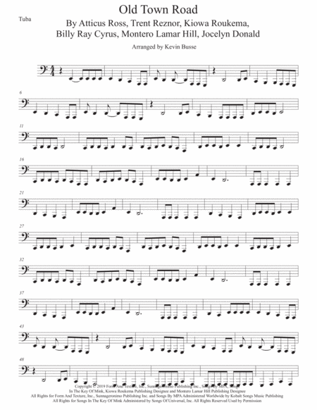 Old Town Road Tuba Easy Key Of C Sheet Music