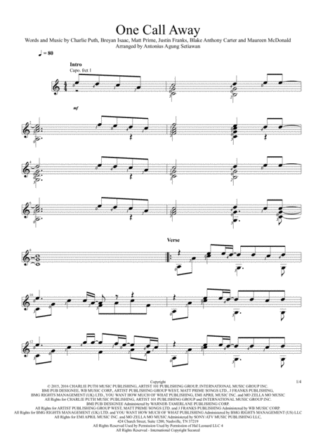 One Call Away Solo Guitar Score Sheet Music