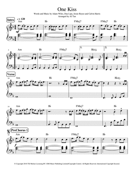 Free Sheet Music One Kiss By Dua Lipa And Calvin Harris Piano Version