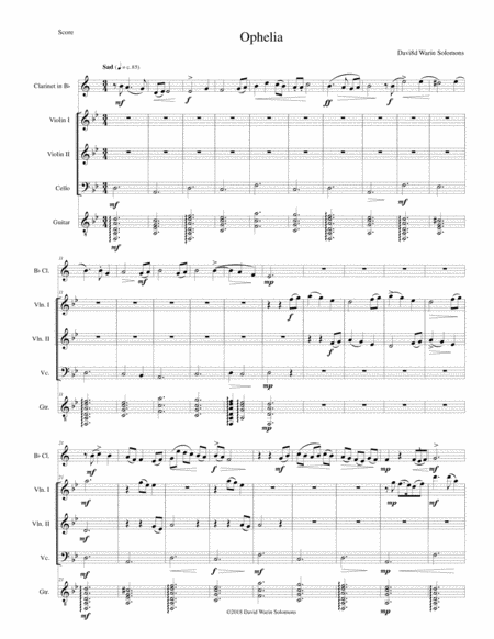 Free Sheet Music Ophelia For Clarinet 2 Violins Cello And Guitar