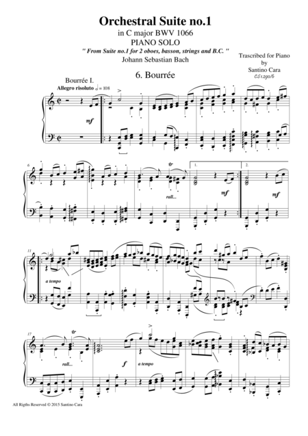 Orchestral Suite No 1 In C Major Bwv 1066 Vi Bourre I Ii Piano Solo Sheet Music