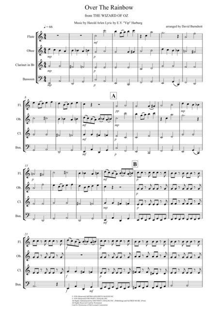 Free Sheet Music Over The Rainbow For Wind Quartet