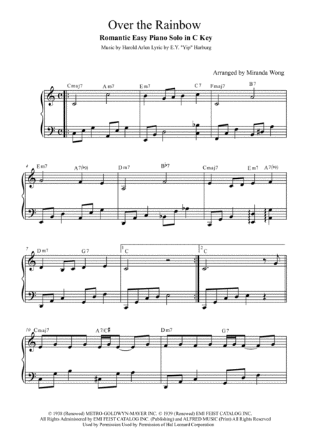 Over The Rainbow From The Wizard Of Oz Easy Piano Solo In C Key Sheet Music