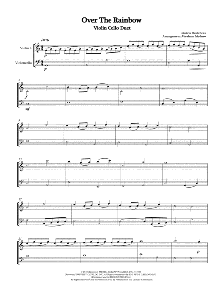Free Sheet Music Over The Rainbow From The Wizard Of Oz Violin Cello Duet