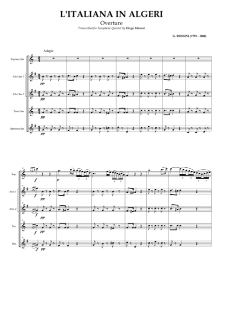 Overture From L Italiana In Algeri For Saxophone Quintet Sheet Music