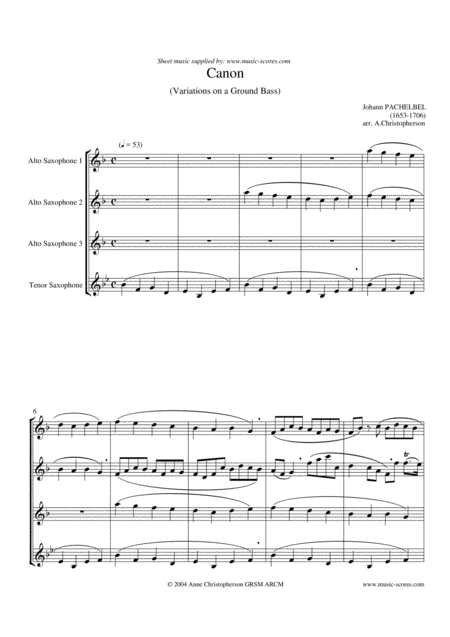 Pachelbel In Canon D Sax Quartet Sheet Music