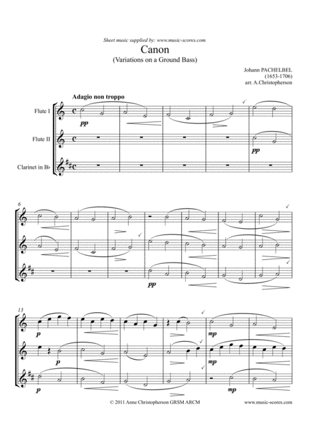 Free Sheet Music Pachelbels Canon 2 Flutes And Clarinet Easy