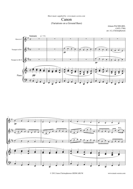 Free Sheet Music Pachelbels Canon 2 Trumpets French Horn And Piano