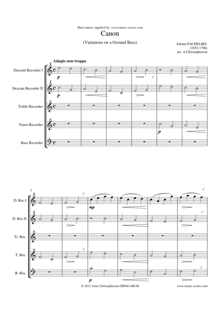 Free Sheet Music Pachelbels Canon Recorder Quintet Short Version