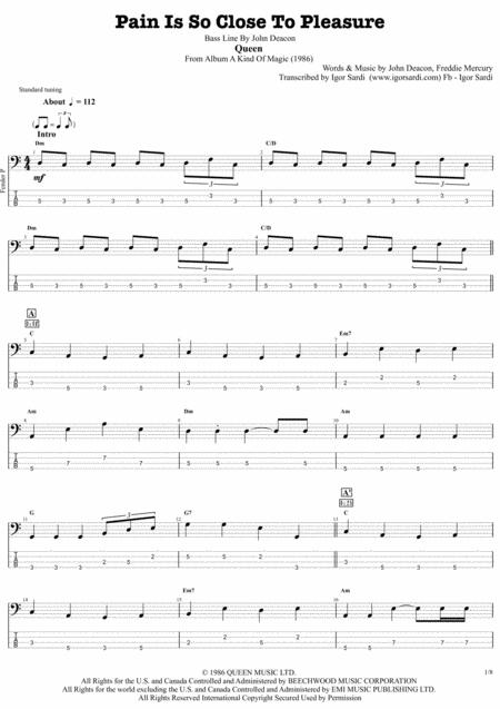 Pain Is So Close To Pleasure Queen John Deacon Complete And Accurate Bass Transcription Whit Tab Sheet Music