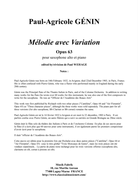 Paul Agricole Gnin Mlodie Avec Variation Opus 63 For Alto Saxophone And Piano Sheet Music