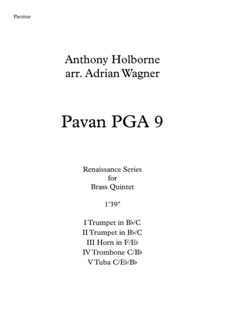 Pavan Pga 9 Anthony Holborne Brass Quintet Arr Adrian Wagner Sheet Music