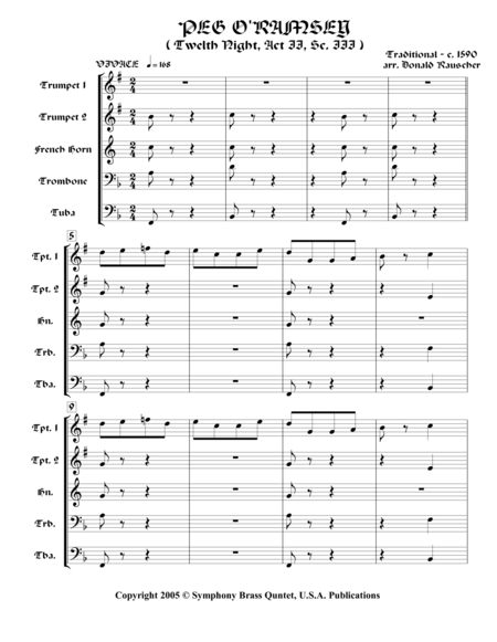 Peg O Ramsey From Shakespearean Music For Brass Quintet Sheet Music