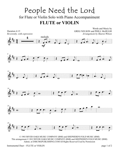 Free Sheet Music People Need The Lord For Flute Or Violin Solo With Piano Accompaniment