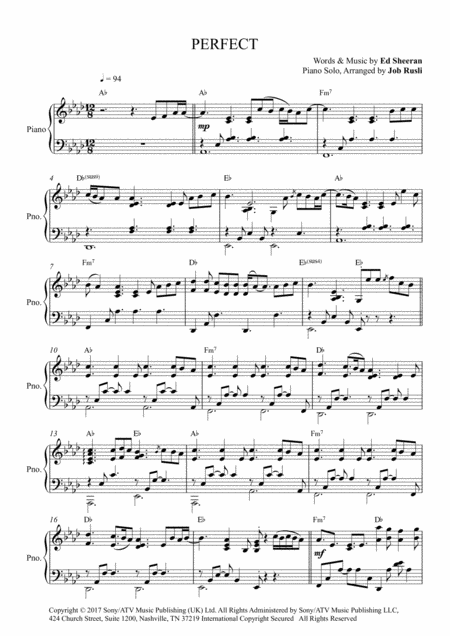 Free Sheet Music Perfect By Ed Sheeran Beautiful Piano Solo Instrumental