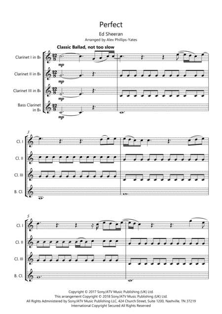 Perfect By Ed Sheeran Clarinet Quartet Sheet Music