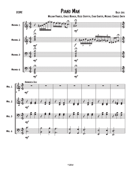 Piano Man For Marimba Quartet Sheet Music