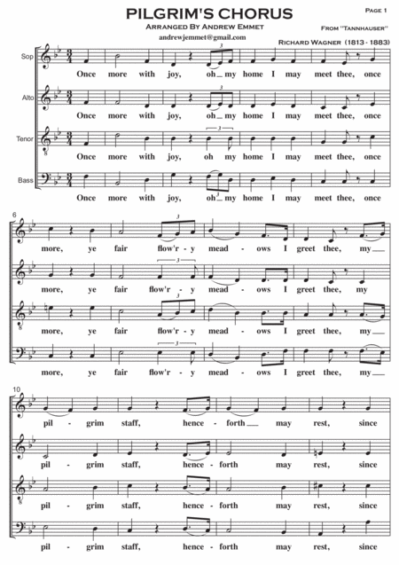 Free Sheet Music Pigrims Chorus Satb A Cappella