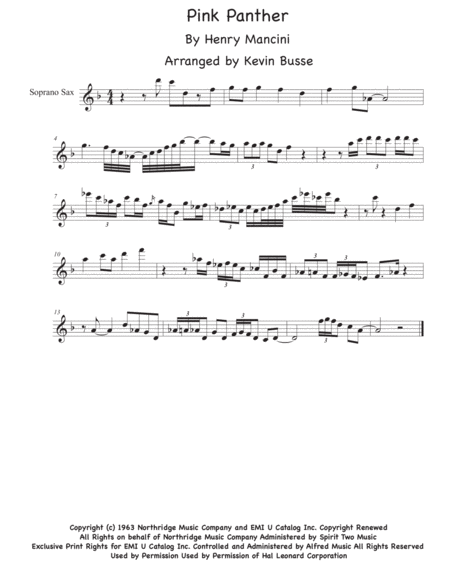 Free Sheet Music Pink Panther Sax Solo Easy Key Of F Soprano Sax