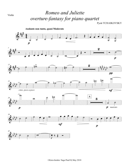 Piotr Tchaikovsky Romeo And Juliet Arr For Piano Quartet Violin Part Sheet Music