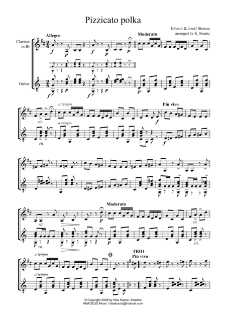 Pizzicato Polka For Clarinet In Bb And Guitar Sheet Music