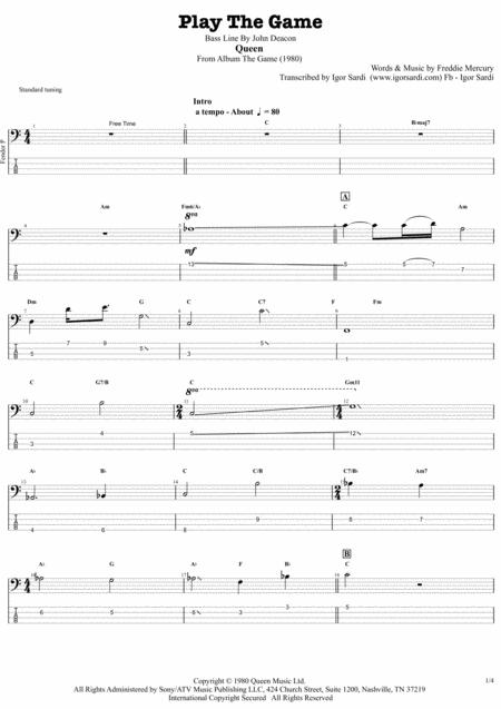 Play The Game Queen John Deacon Complete And Accurate Bass Transcription Whit Tab Sheet Music