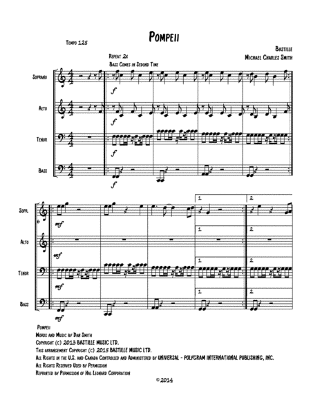 Pompeii For Diatonic Or Chromatic Marimba Quartet Key Of C Sheet Music