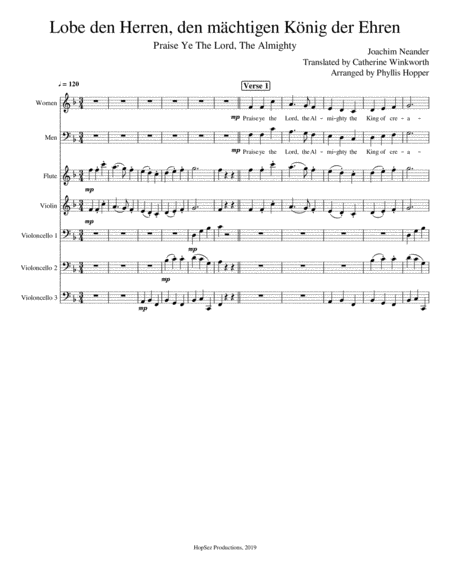 Praise To The Lord The Almighty Congregation Flute Violin 3 Cellos Sheet Music