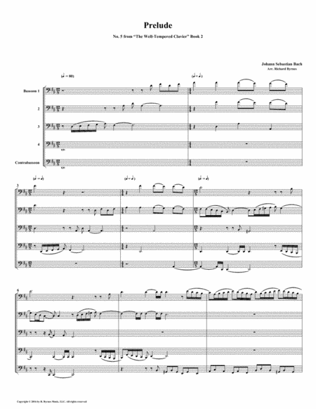 Prelude 05 From Well Tempered Clavier Book 2 Bassoon Quintet Sheet Music