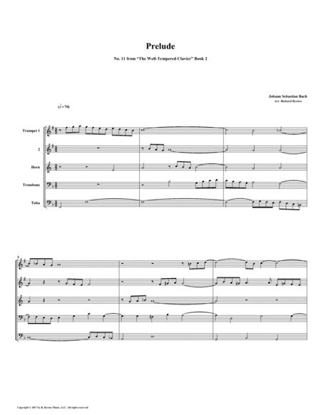 Prelude 11 From Well Tempered Clavier Book 2 Brass Quintet Sheet Music