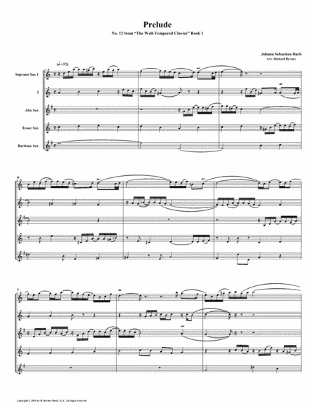 Free Sheet Music Prelude 12 From Well Tempered Clavier Book 1 Saxophone Quintet